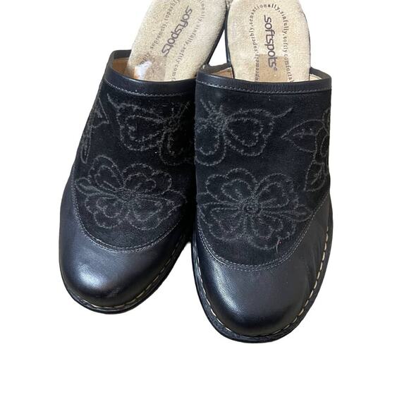 Softspots Slip On Mules Black Suede/Leather Floral Womens SZ 10WW clogs shoes - Picture 4 of 8